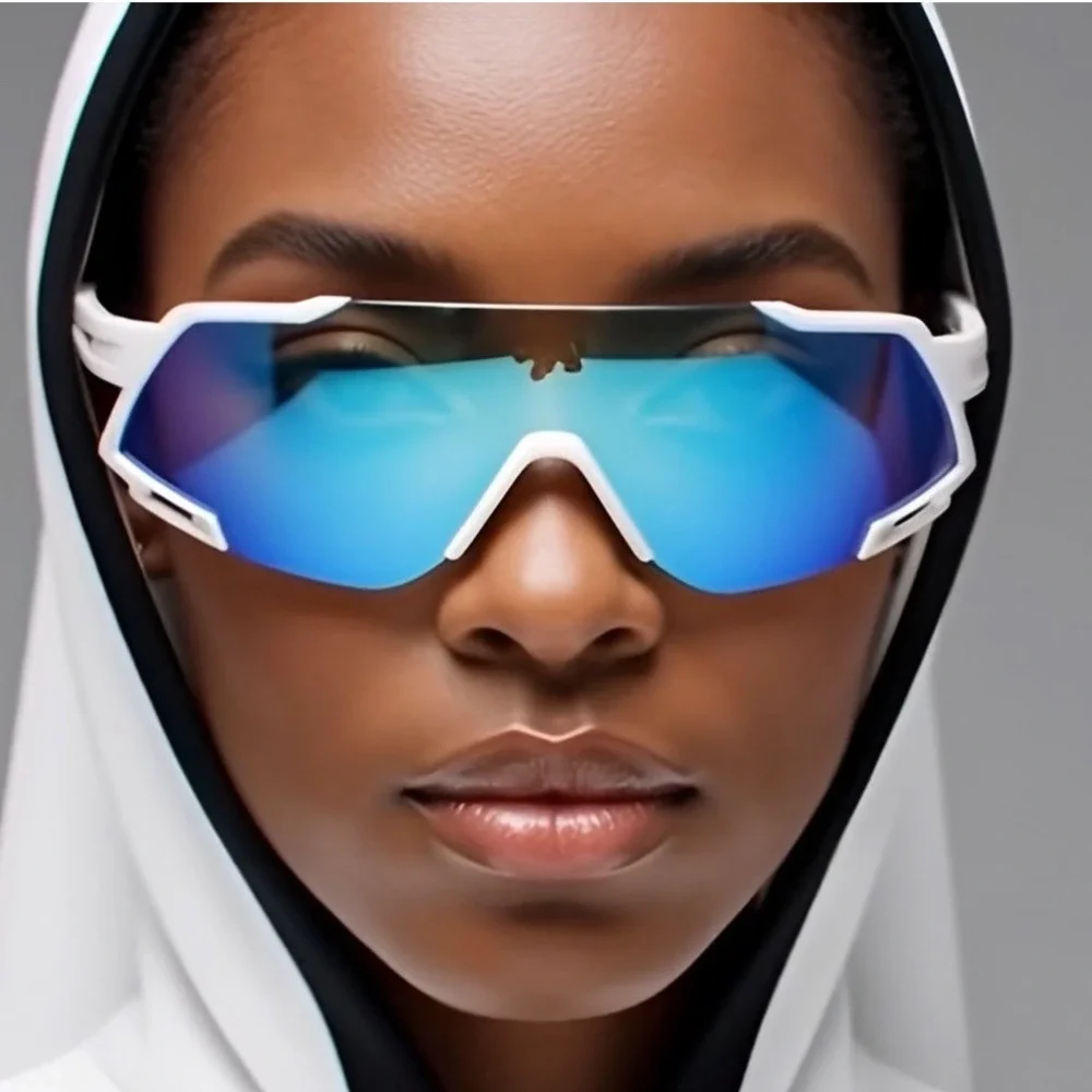 Men Sporty Wrap Sunglasses White Frame‎ Blue Mirror Lens Women's UV Protection